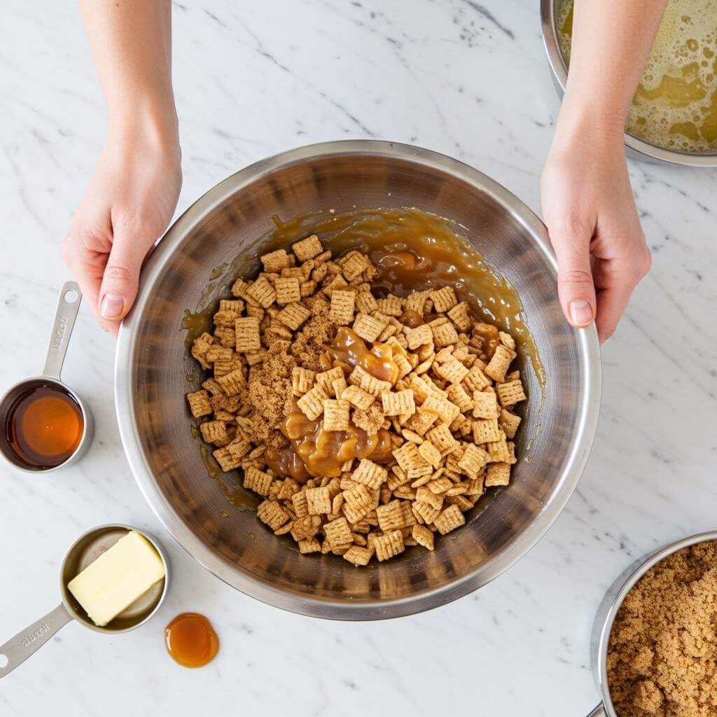 Salted caramel Chex mix ingredients being combined