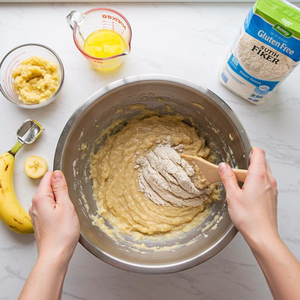 Hands mixing gluten free banana bread batter