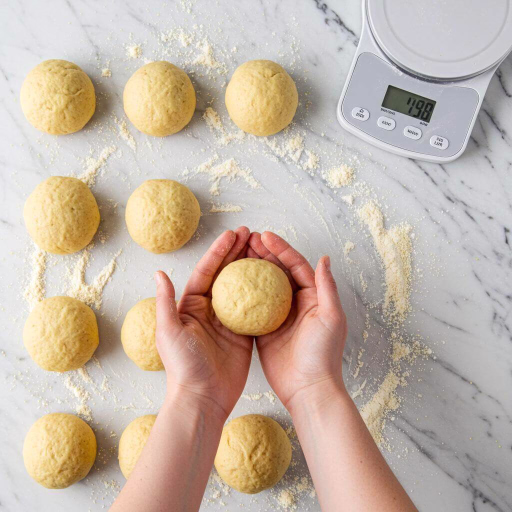Shaping gluten free dinner rolls dough on marble