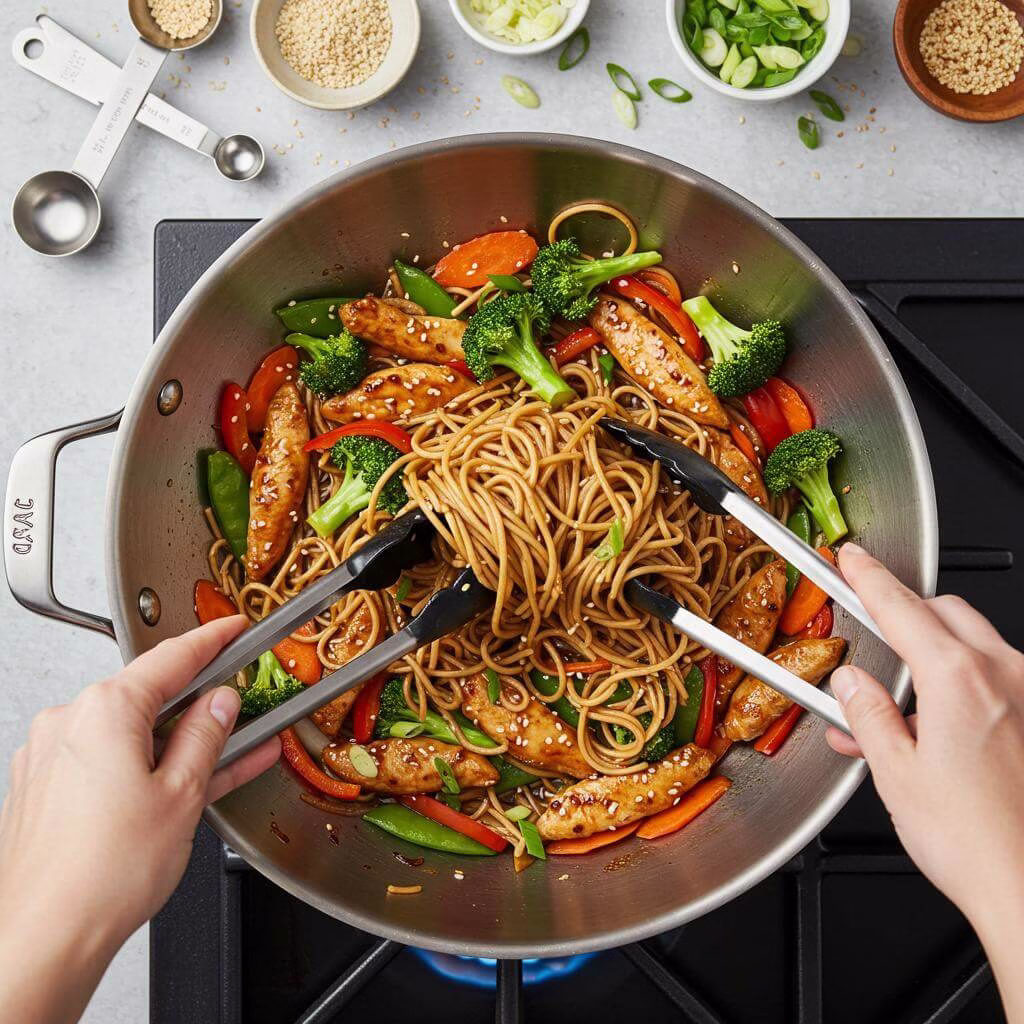 Chicken stir fry noodles being tossed in a wok