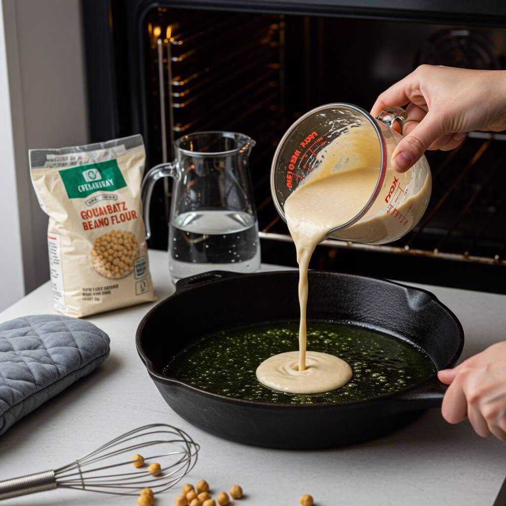 Pouring chickpea flour batter into skillet for fainá recipe