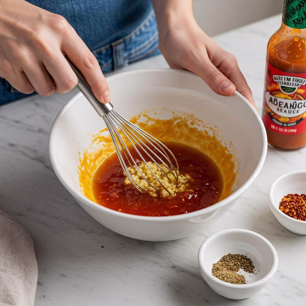 Sweet chili wings sauce ingredients being whisked
