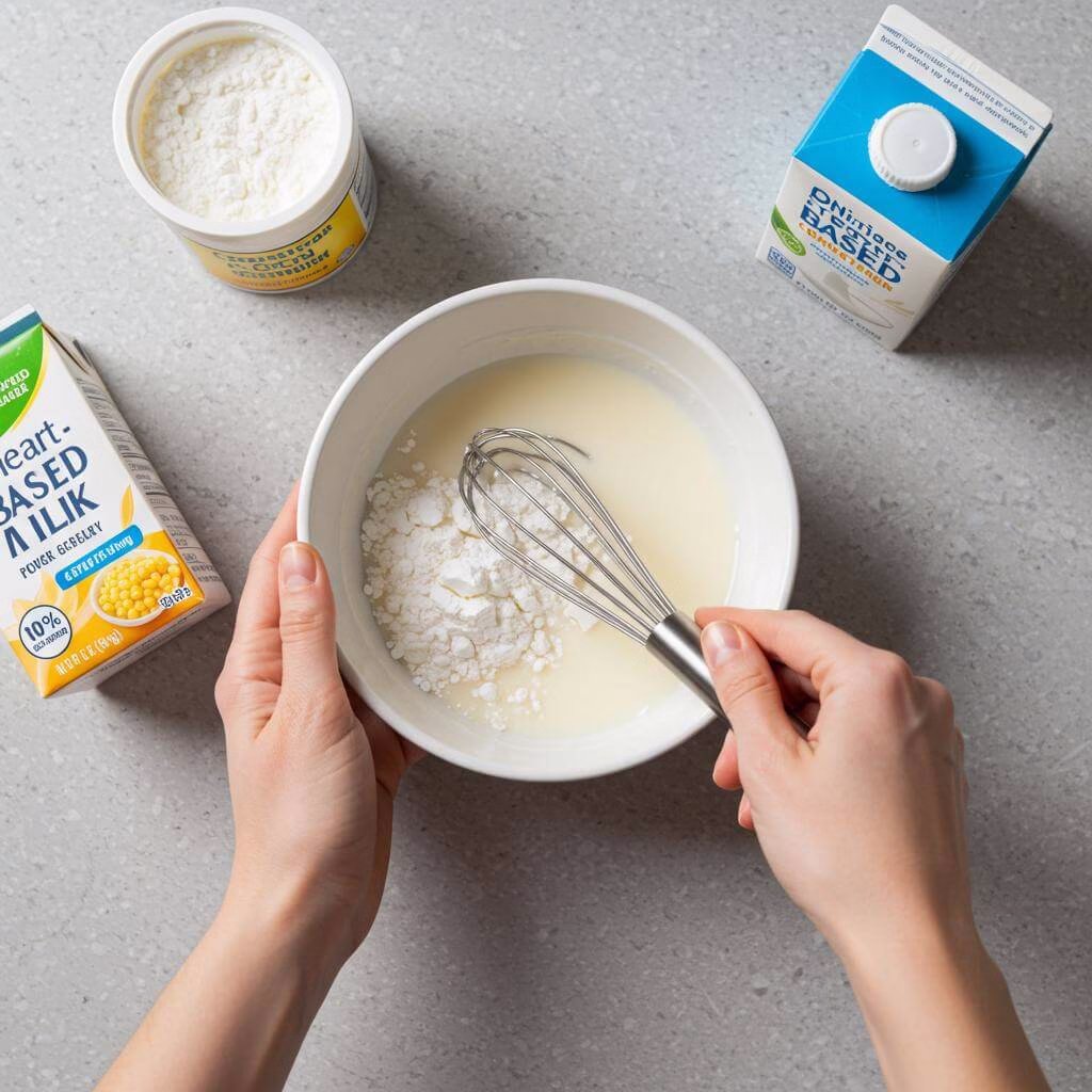 Plant-based milk and cornstarch being whisked