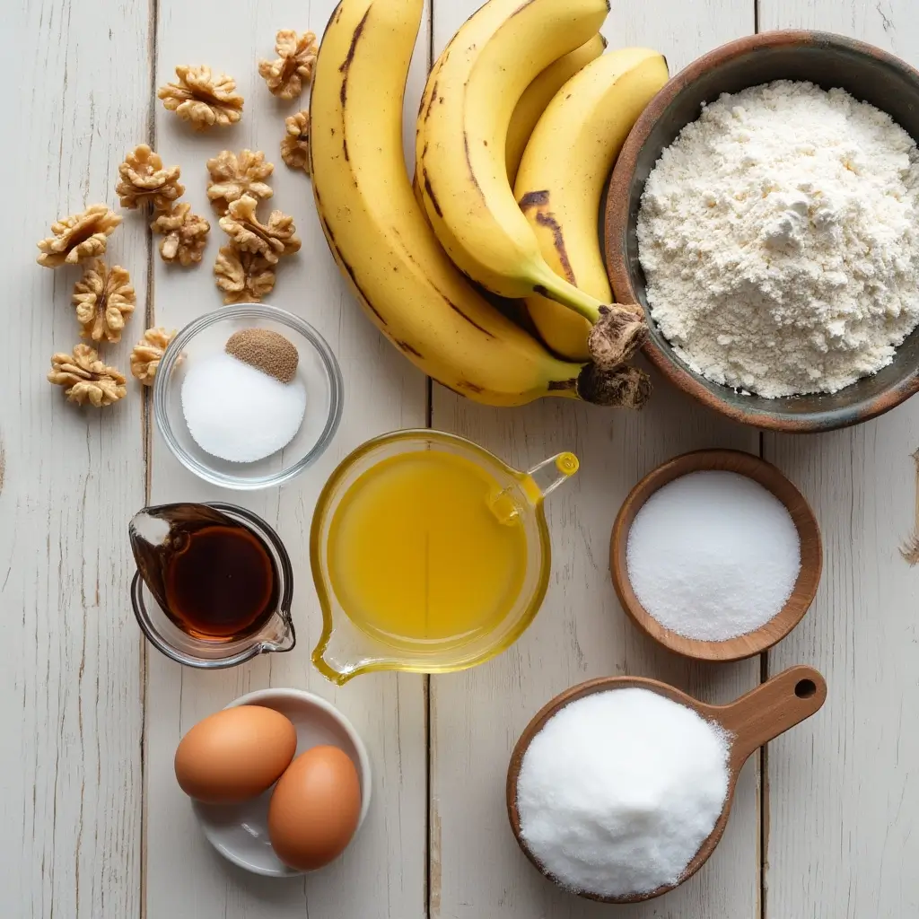 Gluten free banana bread ingredients flat lay