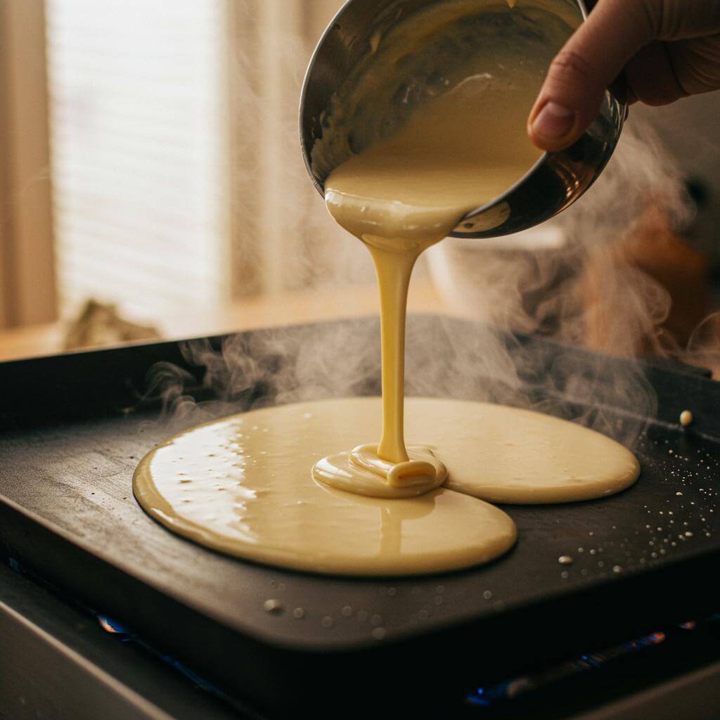 Gluten-free pancakes ingredients: flour, xanthan gum, baking powder, and almond milk.
