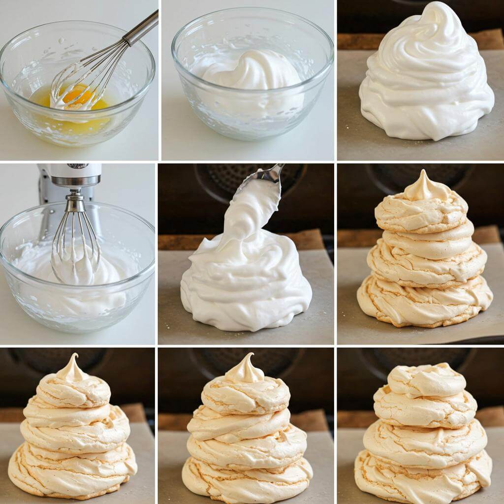 Meringue tower recipe ingredients: eggs, sugar, chocolate, cream