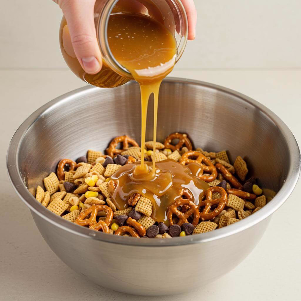 Gluten-free salted caramel Chex mix ingredients on marble surface