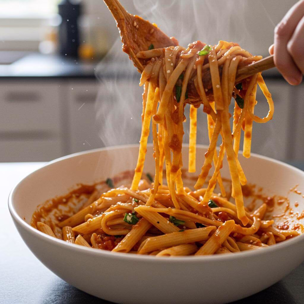 Gluten free pasta recipe ingredients: pasta, salami, onion, spices
