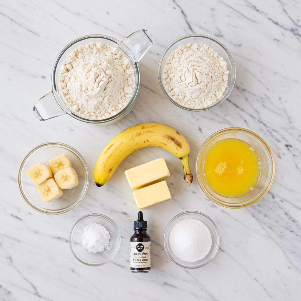 Gluten free banana bread ingredients flat lay