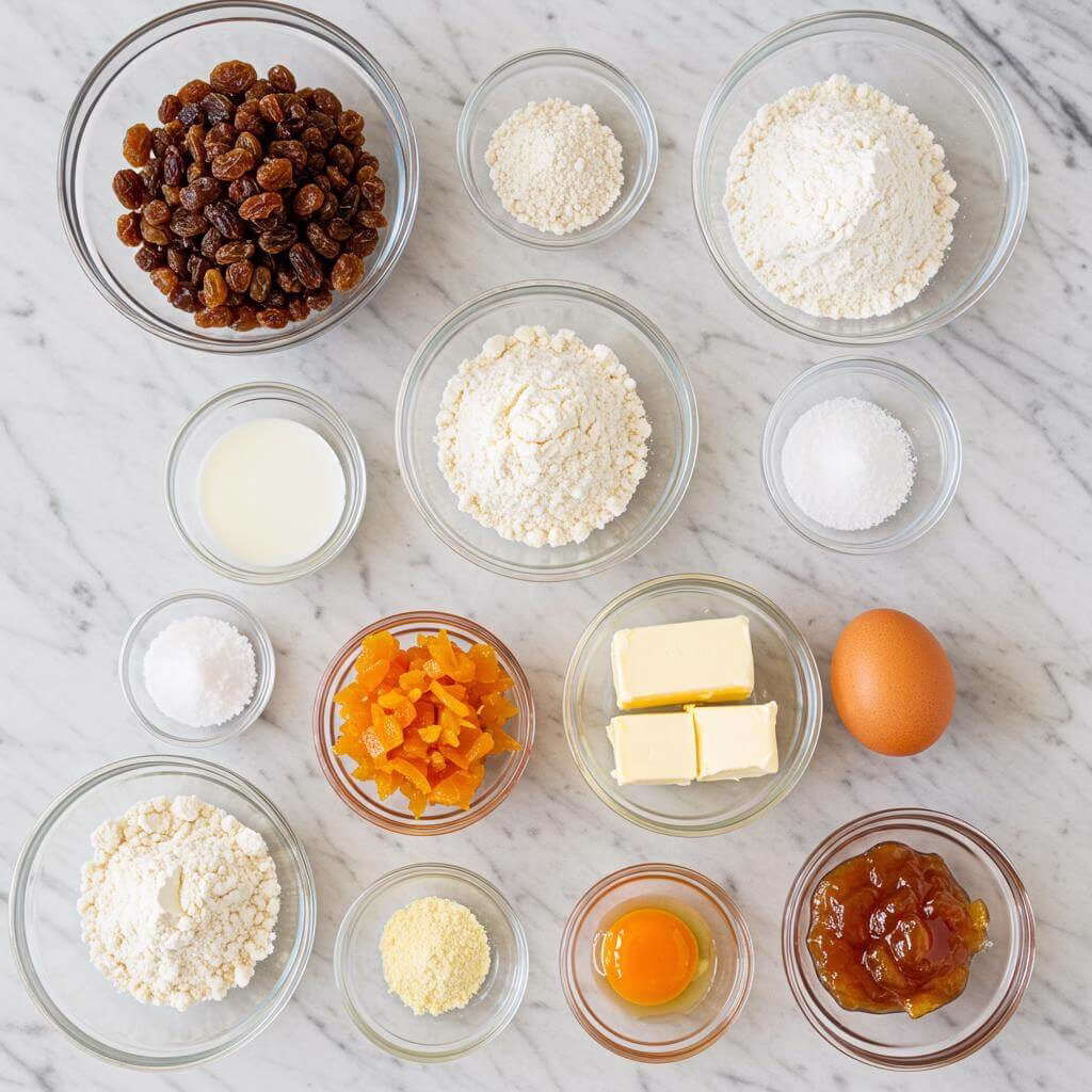 Gluten free hot cross buns ingredients on marble