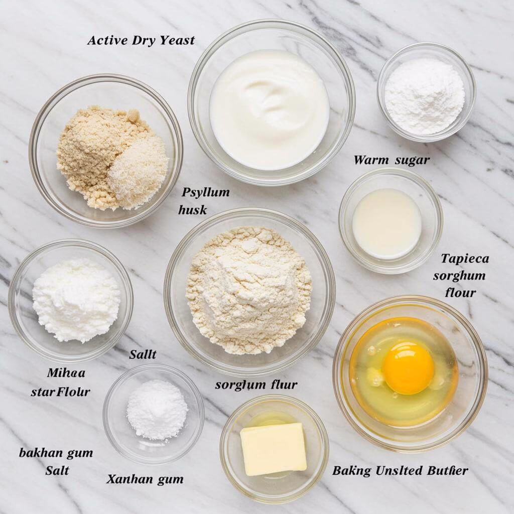 Gluten free dinner rolls ingredients on marble