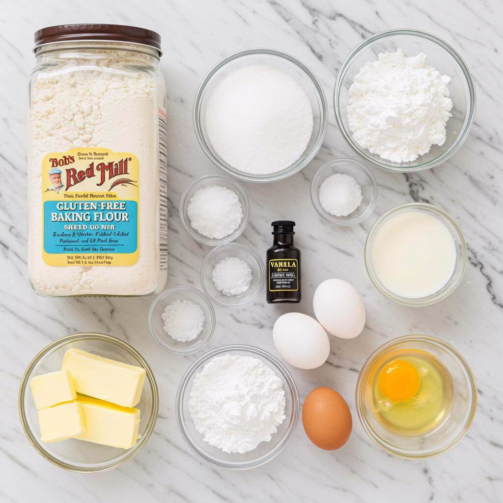 Gluten-free sheet cake ingredients flat lay