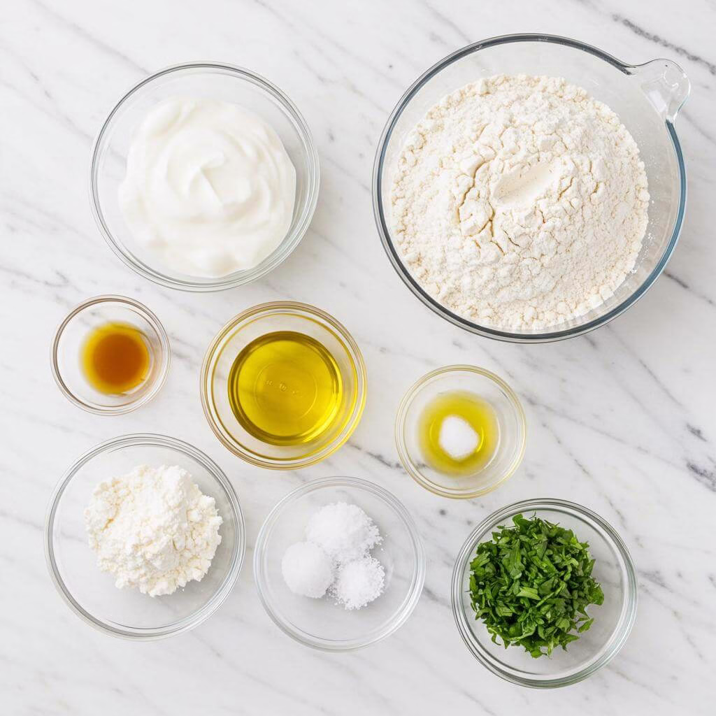Gluten-free flatbread recipe ingredients on marble background