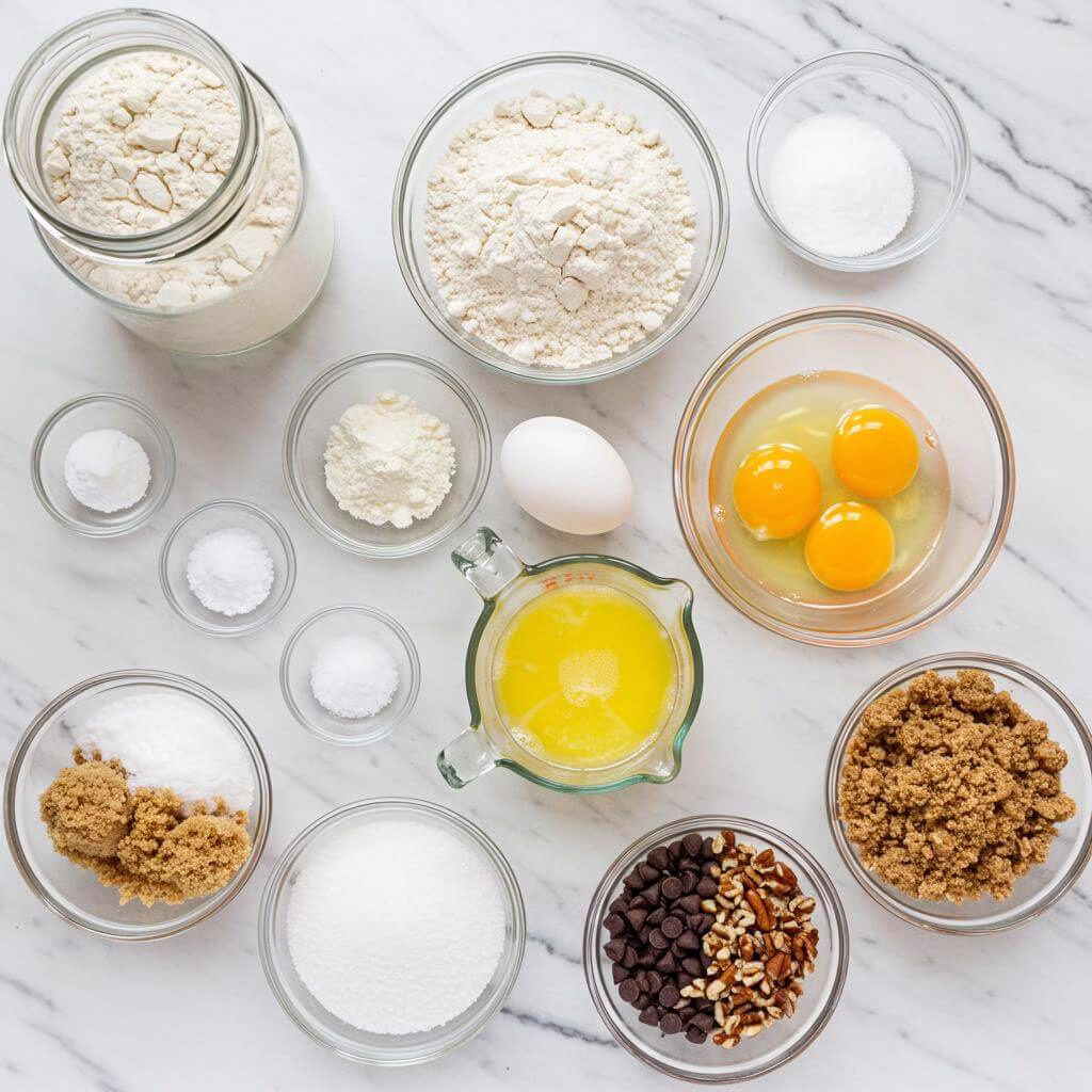 Gluten free muffins ingredients on marble surface