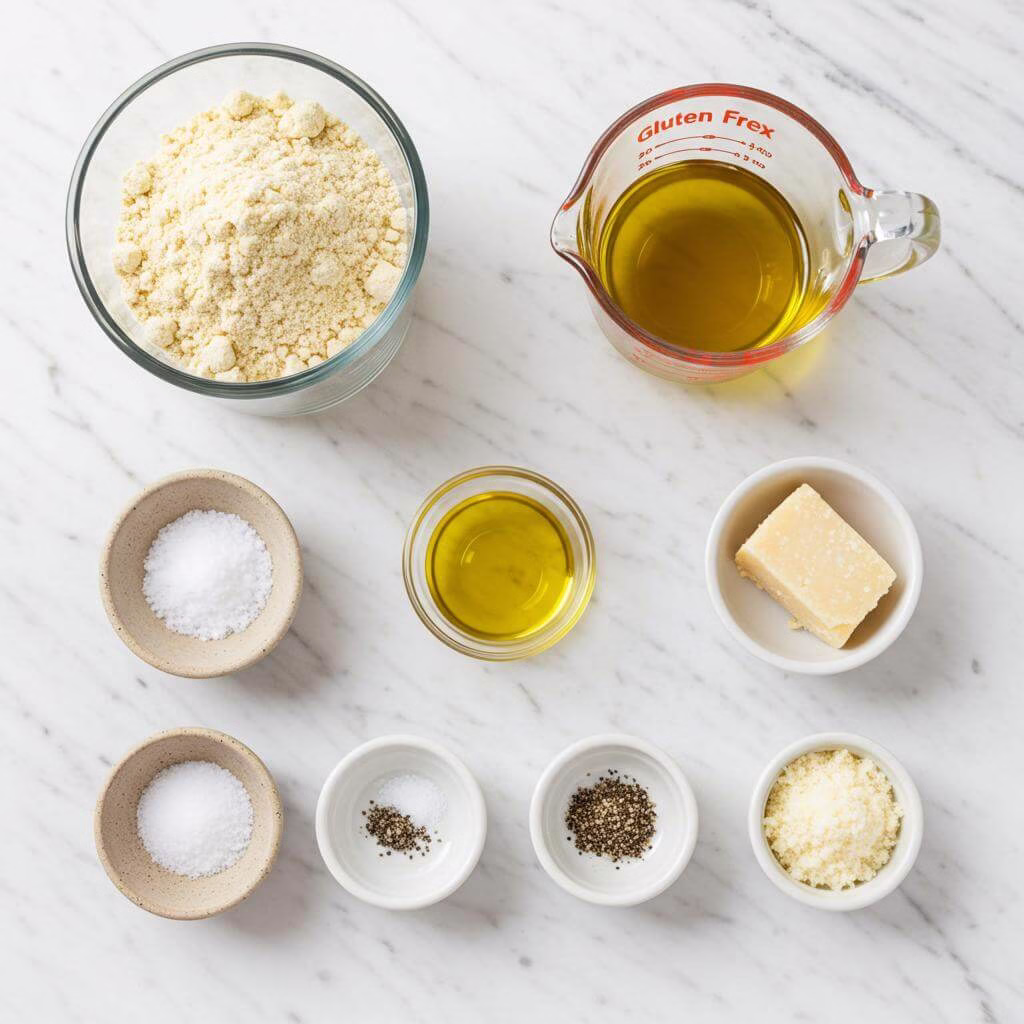 Fainá recipe ingredients: chickpea flour, olive oil, salt, pepper, Parmesan.