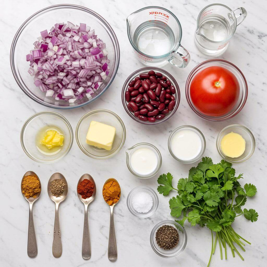 Dal makhani recipe ingredients on white marble
