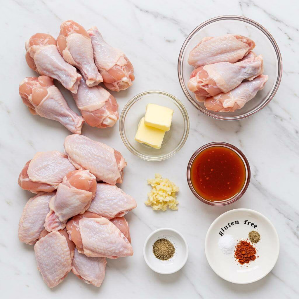 Sweet chili wings ingredients flat lay