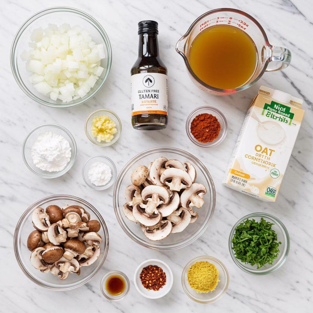 Vegan mushroom stroganoff ingredients on marble