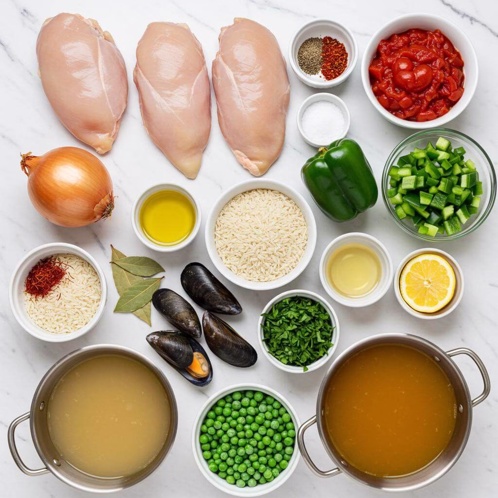 Gluten free paella ingredients on marble surface