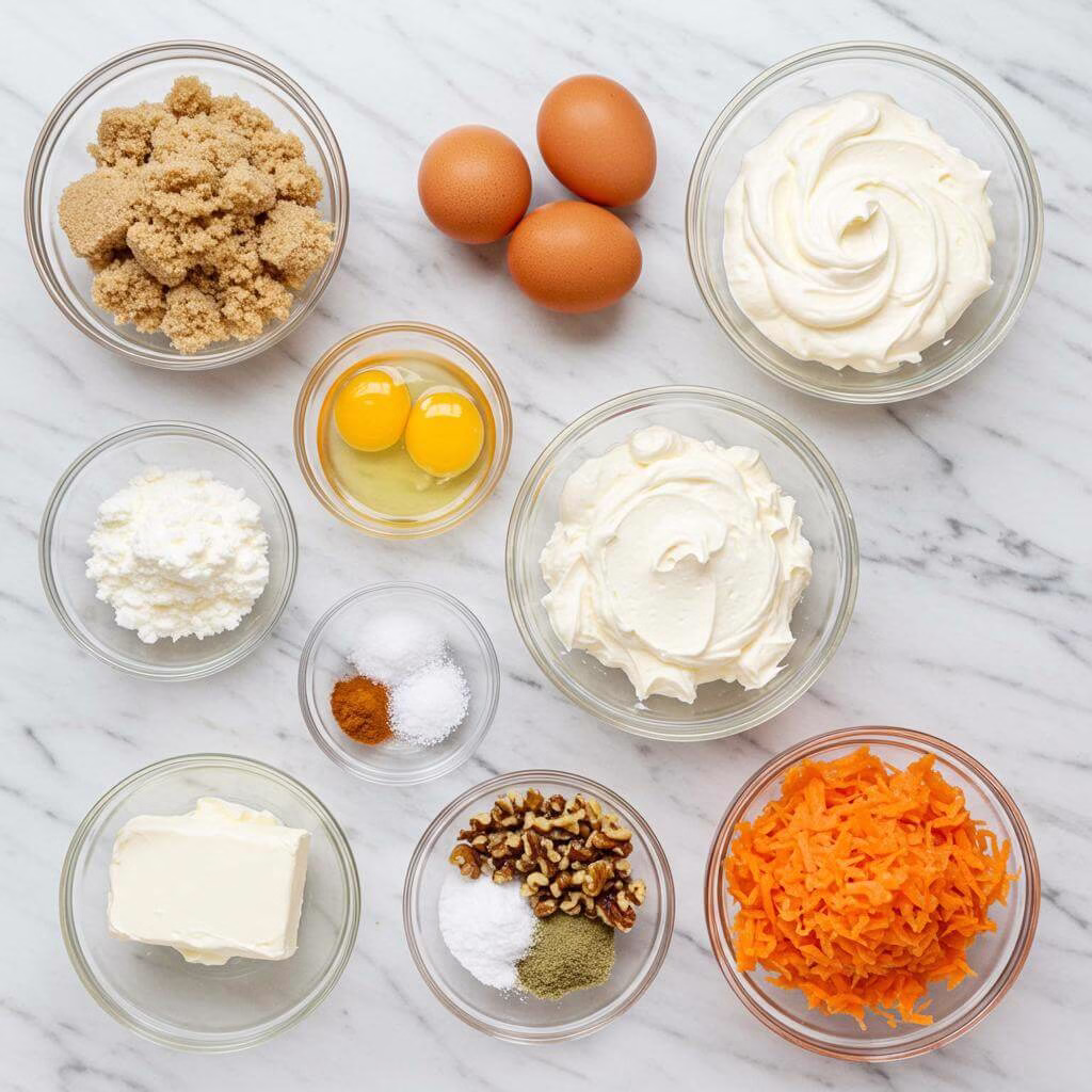Gluten free carrot cake ingredients in bowls
