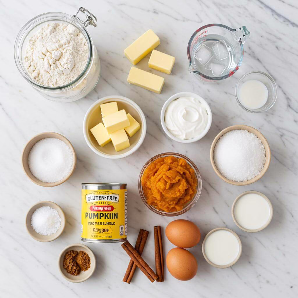 Gluten free pumpkin pie ingredients flat lay