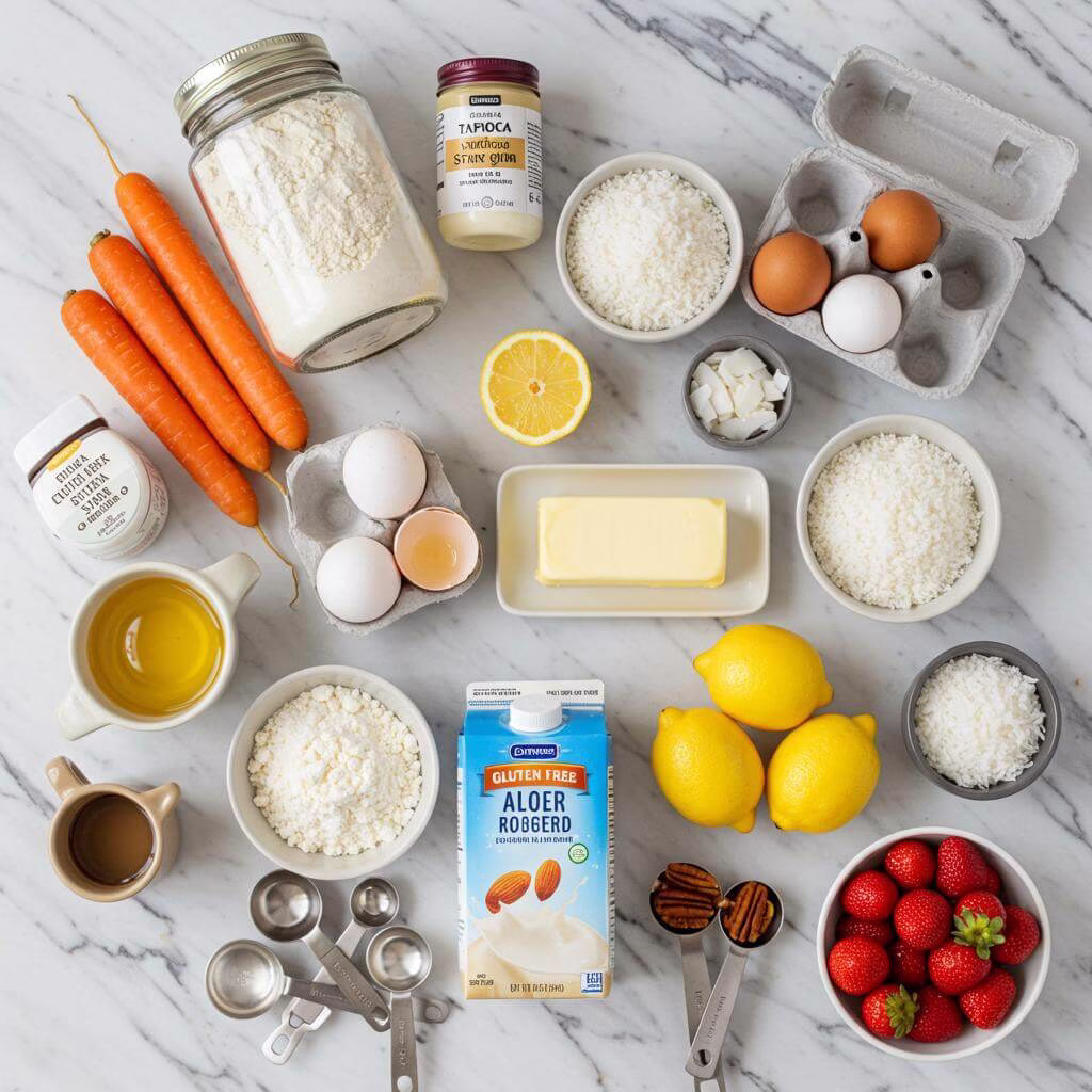 Gluten free Easter desserts ingredients on marble