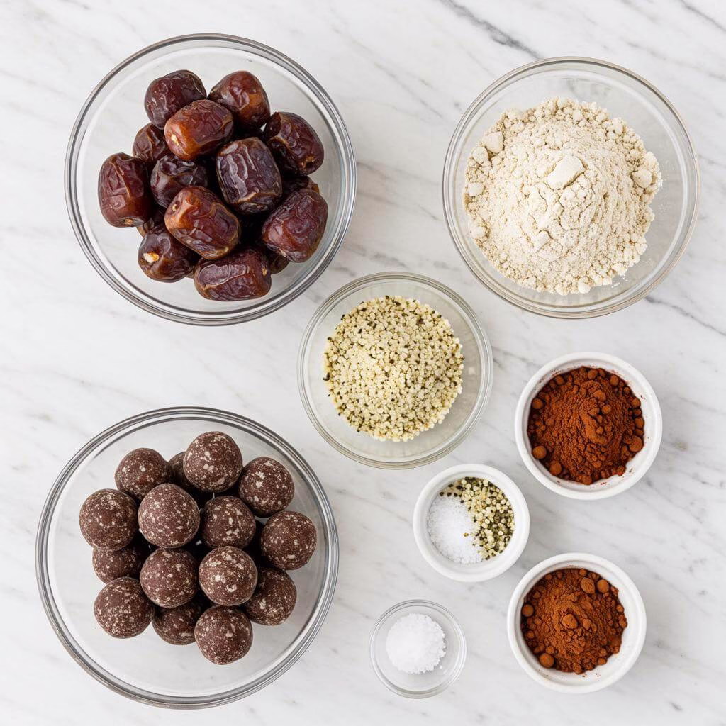 Healthy valentine's desserts ingredients: dates, almond butter, flour, cacao, maca, and hemp seeds.