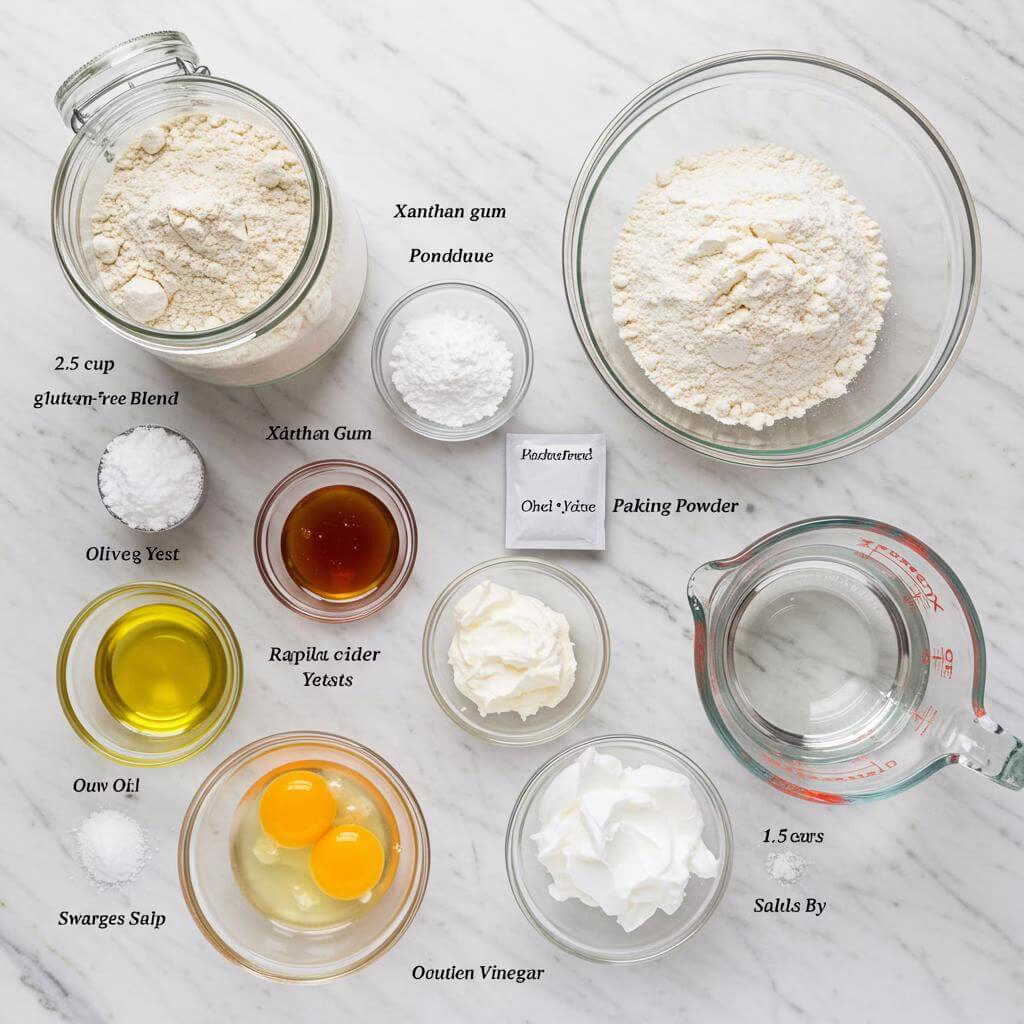 Gluten-free bread recipe ingredients on marble.