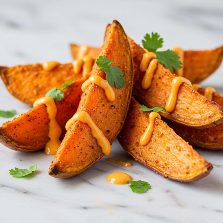 Crispy spicy sweet potato wedges with cilantro and orange sauce