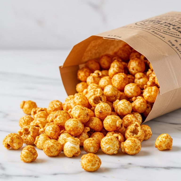 Spiced popcorn snack overflowing from a paper bag