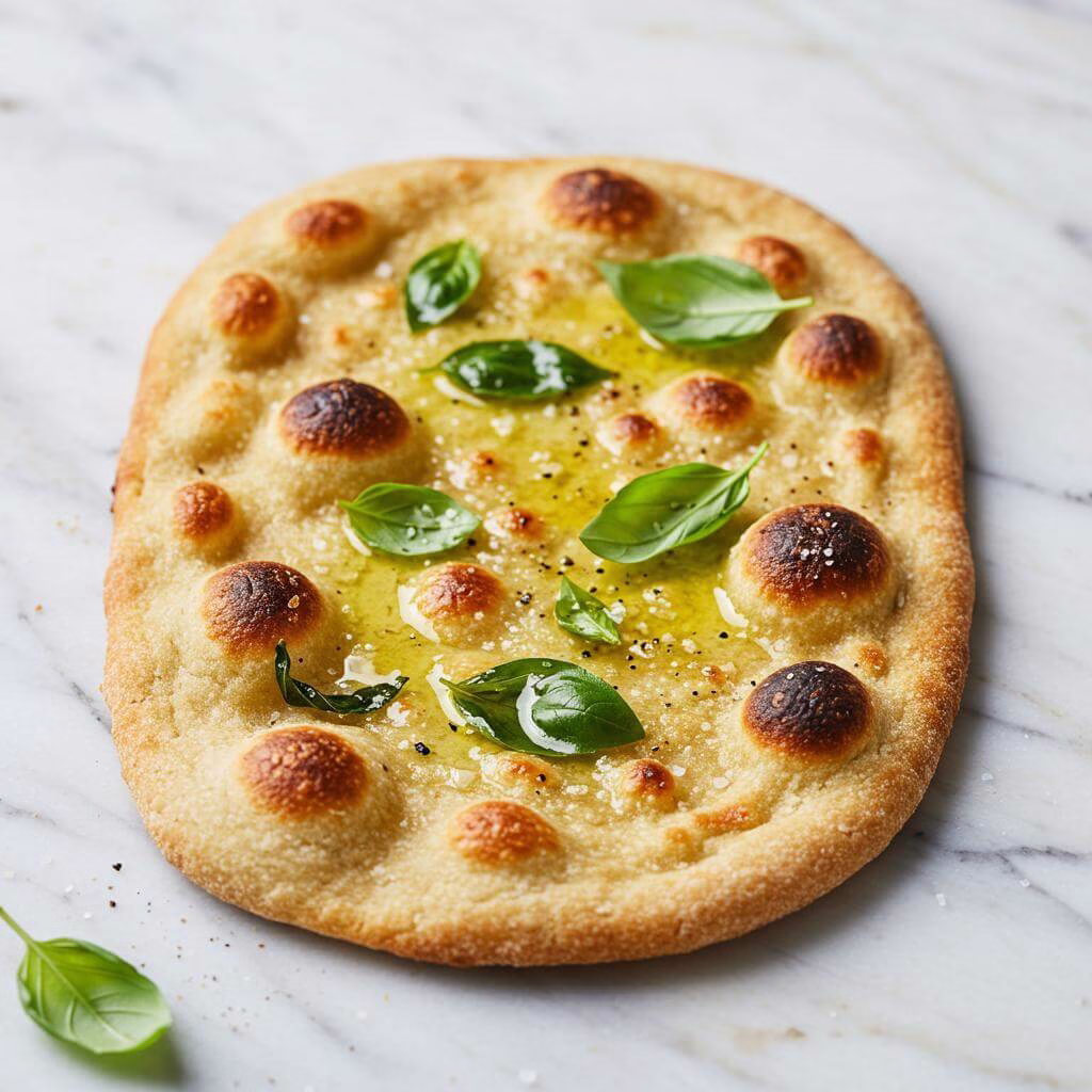 Golden gluten free flatbread with basil and olive oil