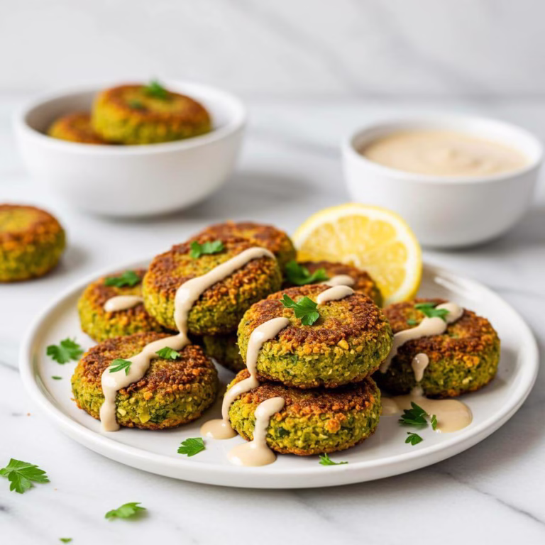 Crispy air fryer falafel with tahini, lemon, and parsley garnish