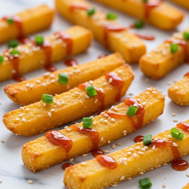 Crispy gluten-free korean fries with gochujang and sesame seeds