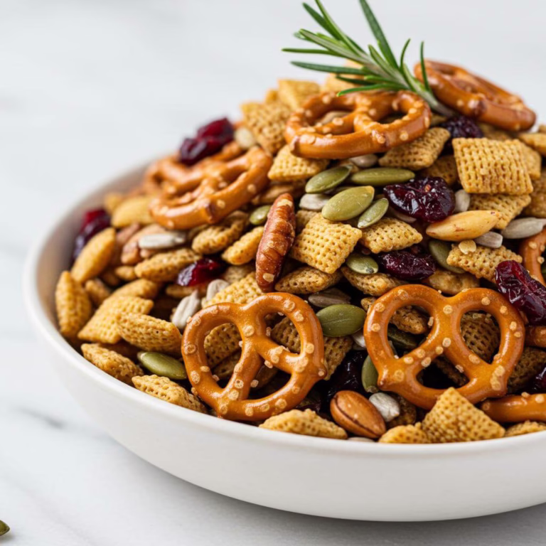 Gluten-free snack mix piled in bowl with rosemary garnish