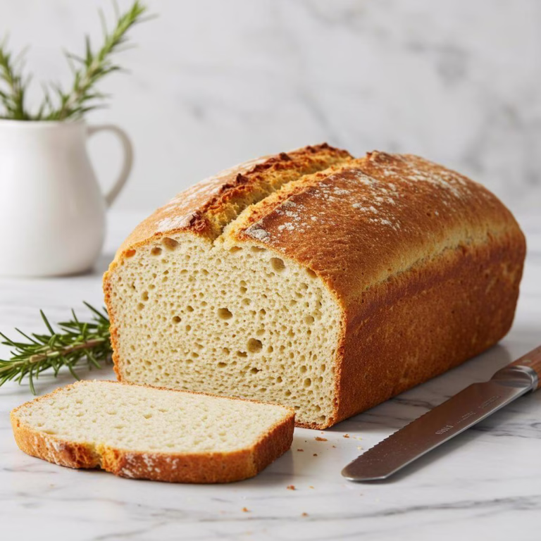 Golden gluten-free bread loaf cooling on marble
