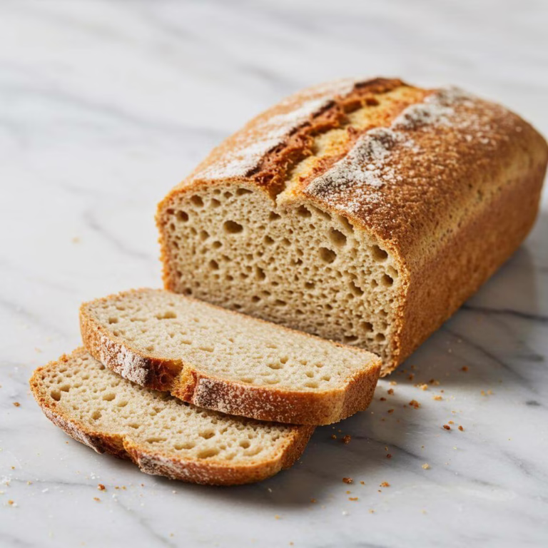 Golden brown gluten-free bread recipe loaf on marble