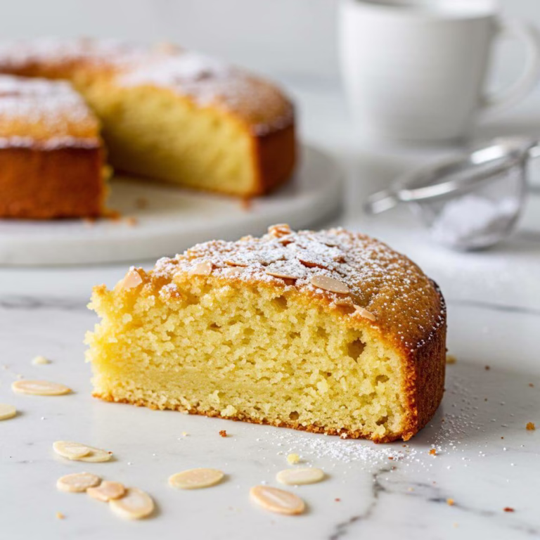 Potato almond cake slice on marble, gluten-free dessert