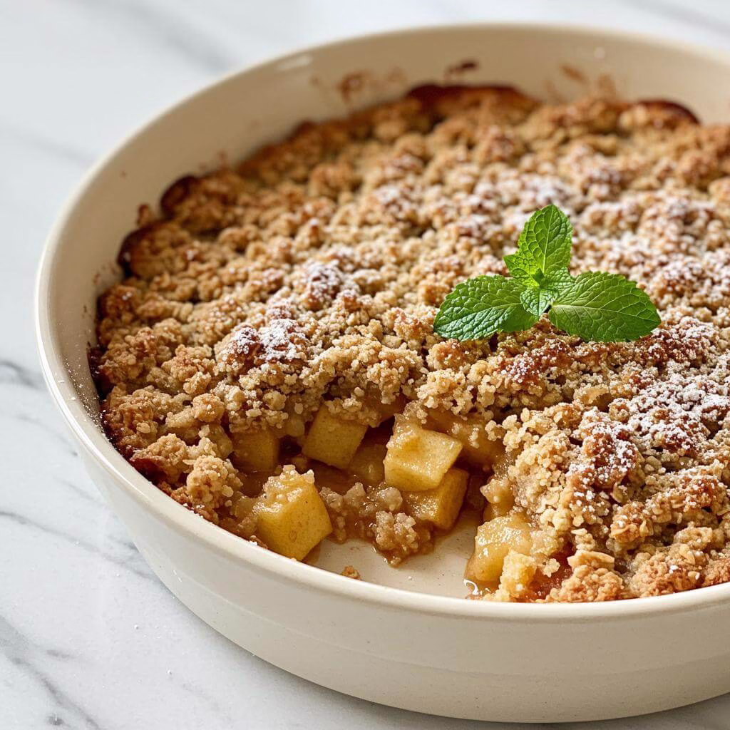 Golden gluten free apple crisp with apples and mint