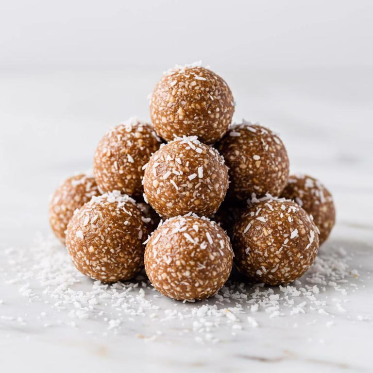 Pile of coconut date energy balls on marble