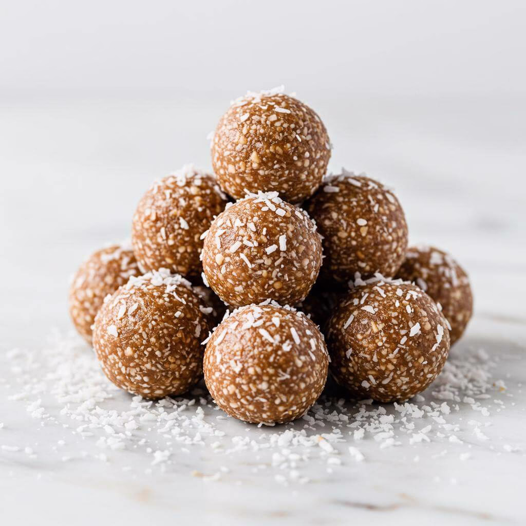 Pile of coconut date energy balls on marble