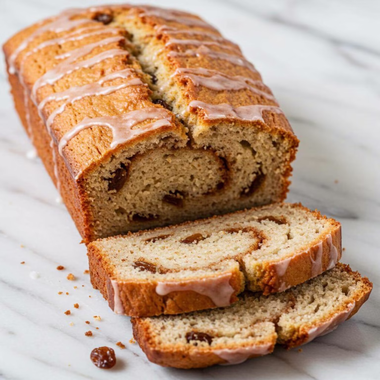 Gluten free cinnamon raisin bread loaf, sliced and glazed