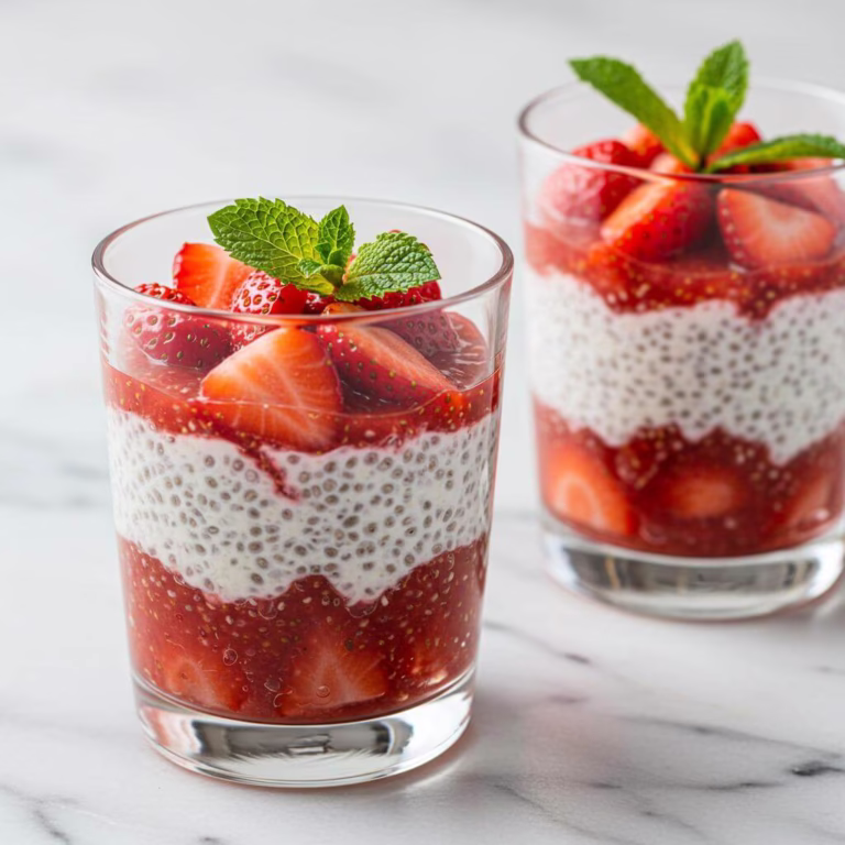 Layered strawberry chia pudding dessert in glass