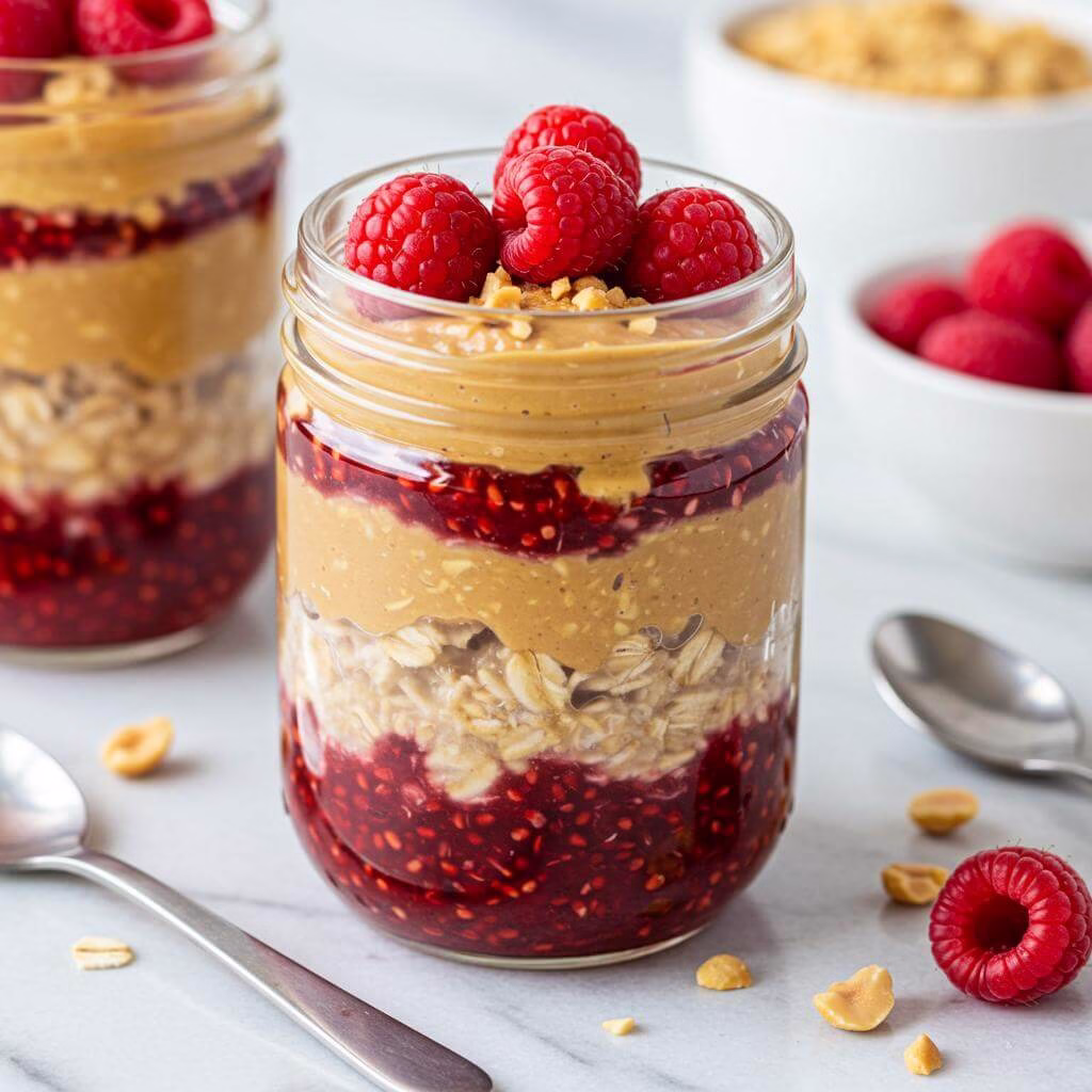 PB&J overnight oats in a jar with peanut butter, jam, raspberries and oats
