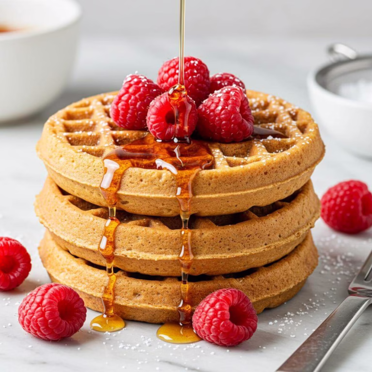 Stack of gluten-free waffles with syrup and raspberries