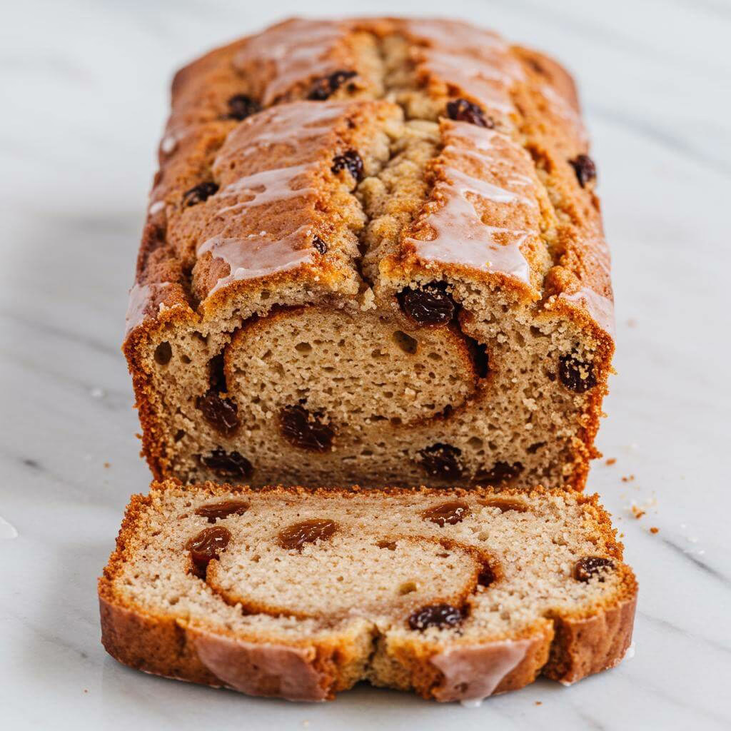 Gluten free cinnamon raisin bread slice on marble
