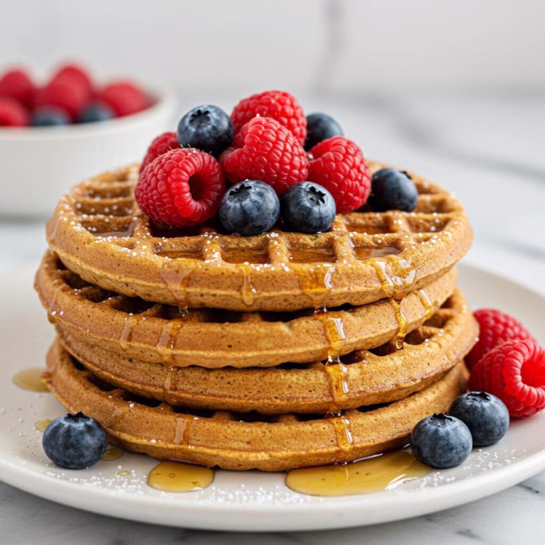 Stack of gluten-free waffles with berries and syrup