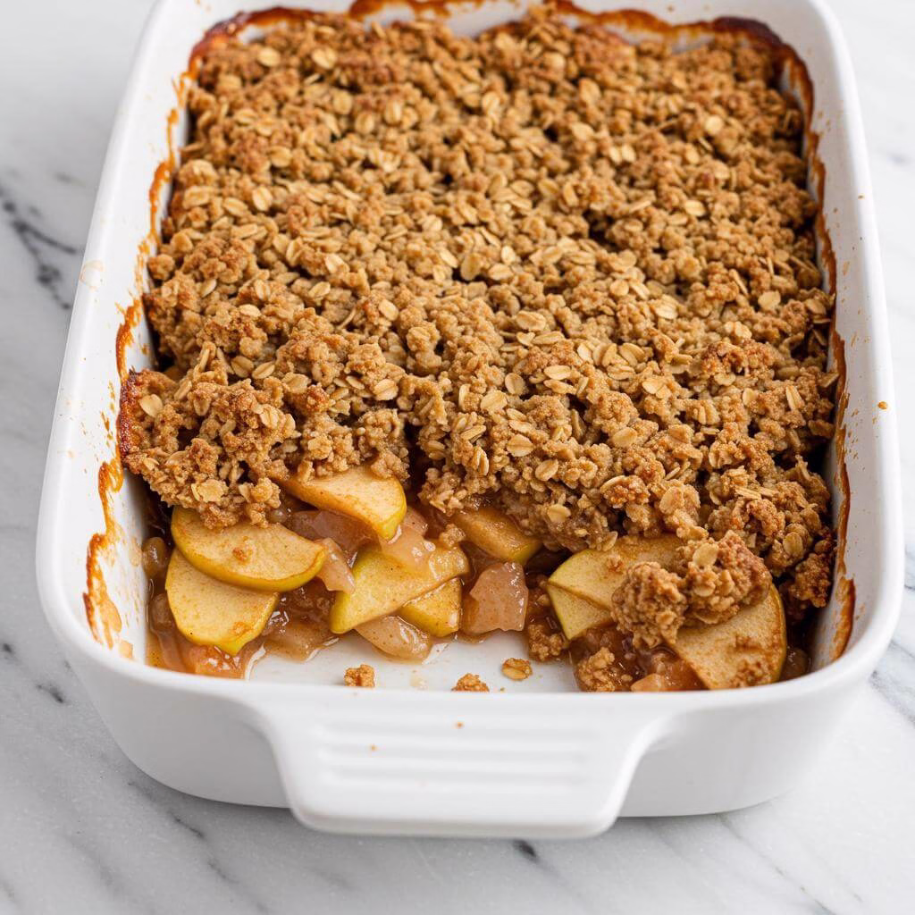 Golden gluten free apple crisp in baking dish