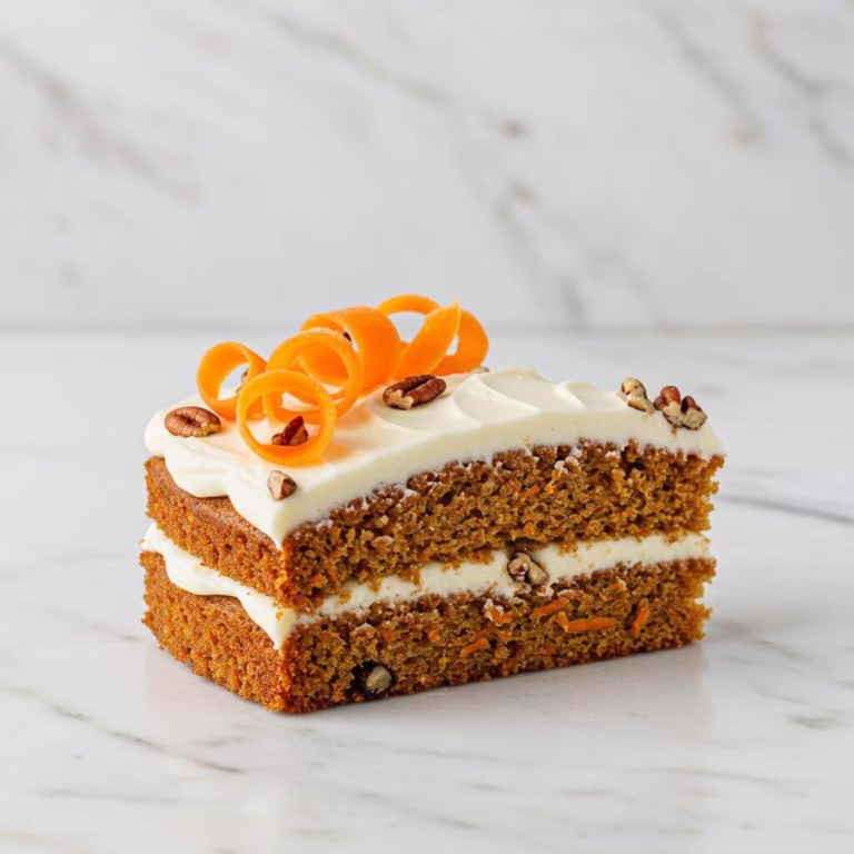 Slice of gluten free carrot cake with cream cheese frosting and carrot ribbons