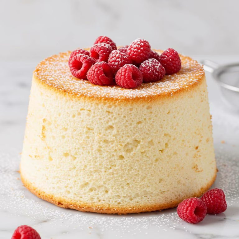 Tall gluten-free angel food cake with raspberries