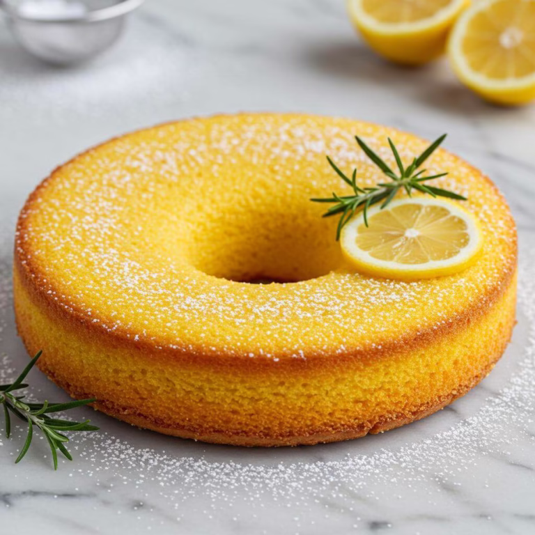 Golden lemon polenta cake with lemon and rosemary garnish